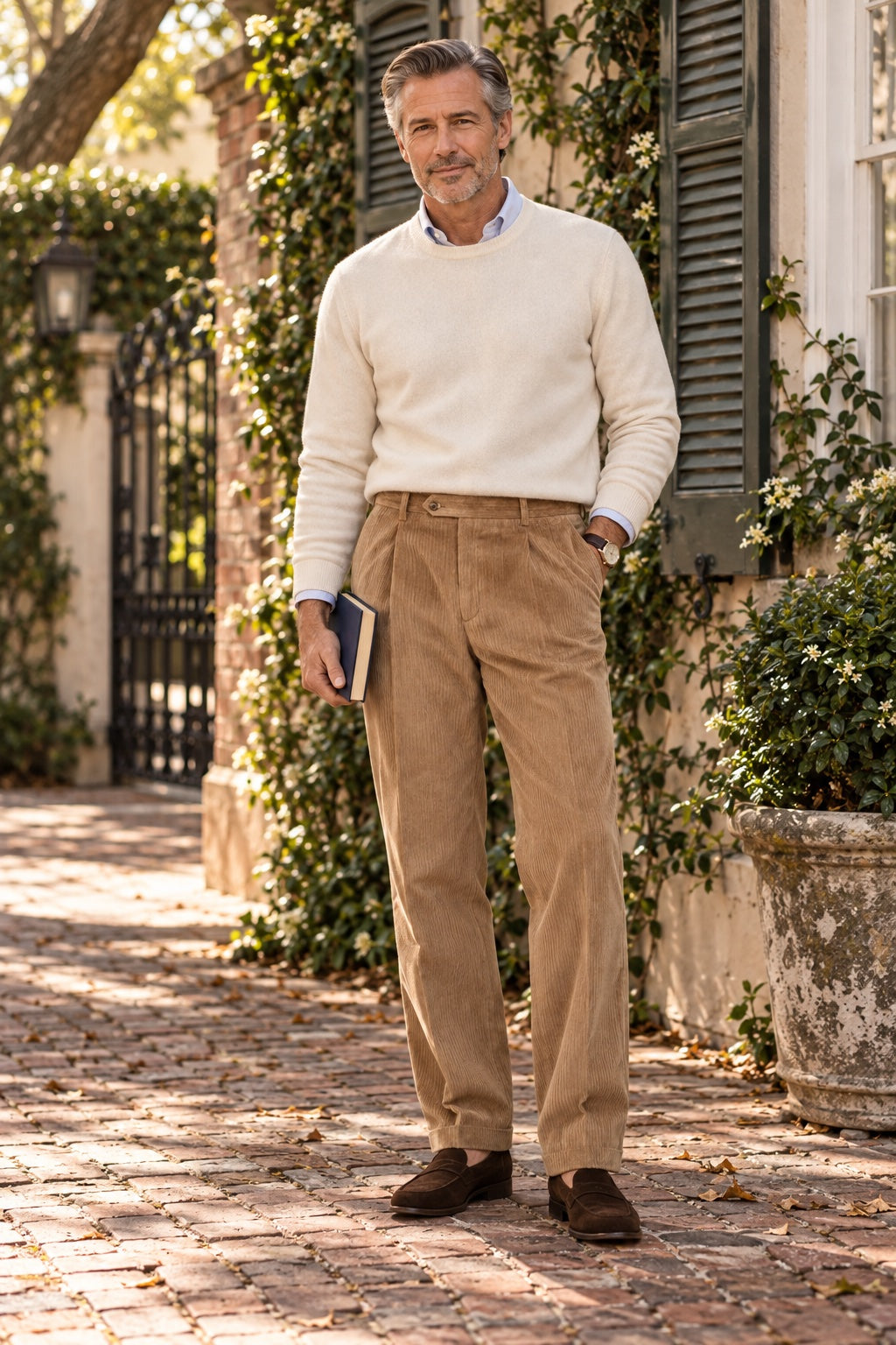 The same gentleman in tan pleated corduroy and an ivory sweater in a Charleston courtyard