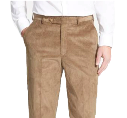 Man wearing tan colored corduroy trousers with one hand in his pocket.