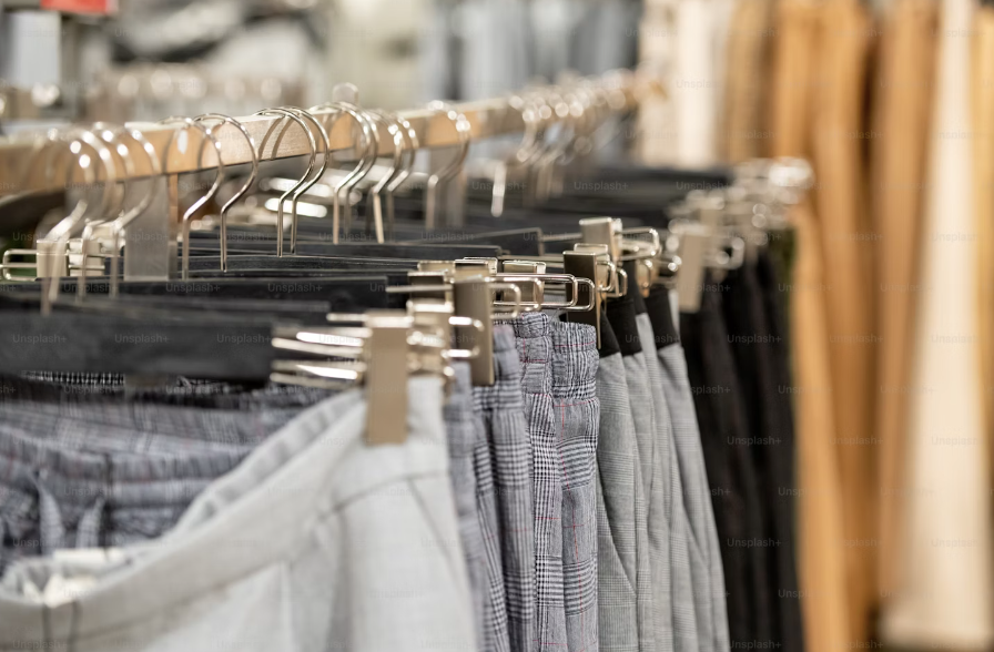 Collection of men's trousers on a clothing rack.