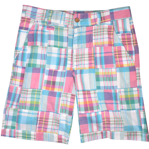 Vintage 1946 Patch Madras Short, Sky Blue<br>Flat Front<br>Modern Fit