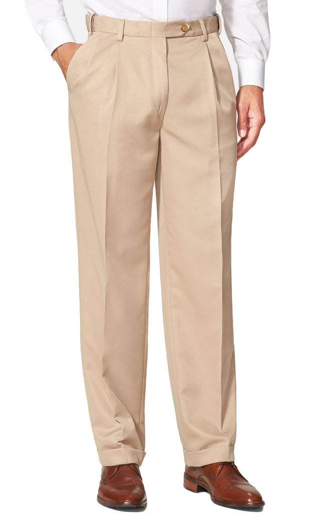 Young Men's School Uniform Twill Pleated Pants with Double Knee in Khaki